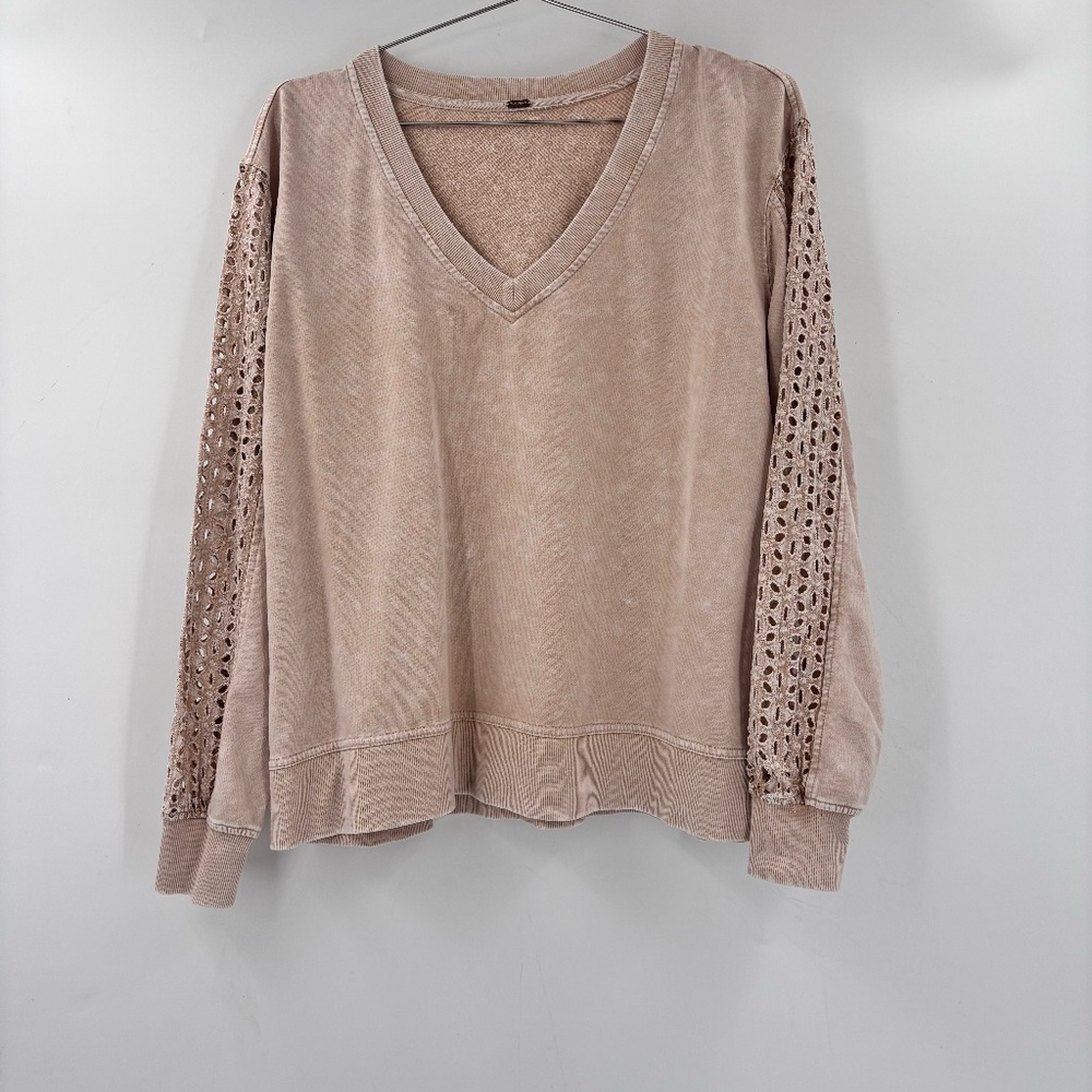 Free People V Neck Sweatshirt Eyelet Lace Pink Size Small